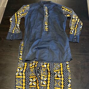 Navy Tunic Top with Yellow & White Tribal Print Accents